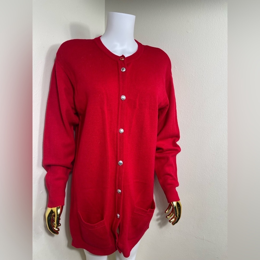 Button down red holiday lambswool Cardigan Sweater - Picture 2 of 7